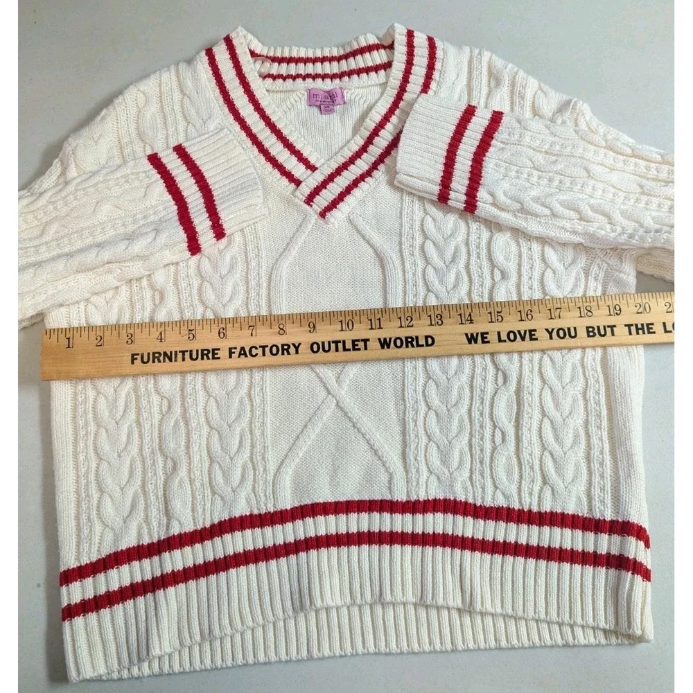 mi ami for francesca's V-Neck Cable Knit Sweater Red & Cream Varsity XS - Picture 6 of 11